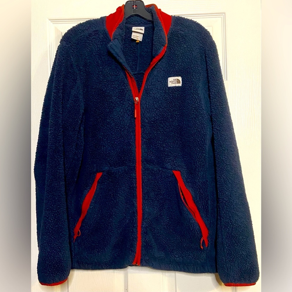 The North Face Mens Cabin Fleece Full-Zip Jacket Navy & Red Sz Large